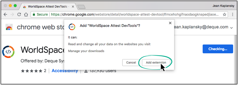 Clicking the Add extension button at the confirmation prompt dialog box