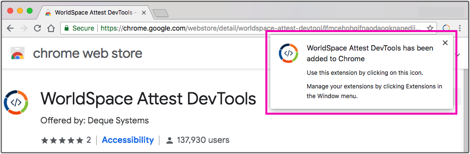 The Added to Chrome completion success dialog box with updated button status