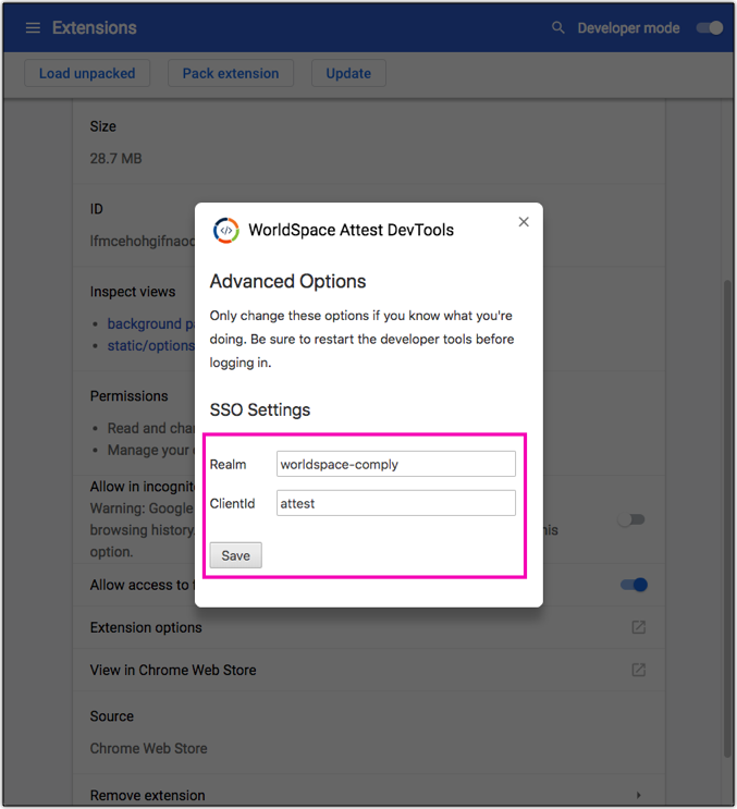 Editing the Realm and ClientId field values, then clicking the Save button on the Advanced Options popup window form