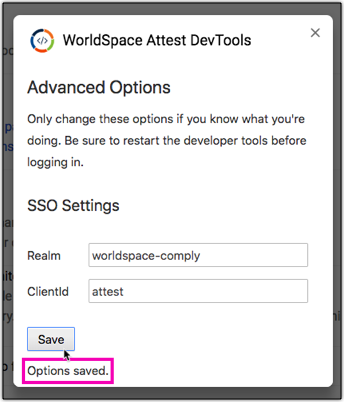 The Advanced Options popup window displaying the 'Options saved.' message under the Save button.