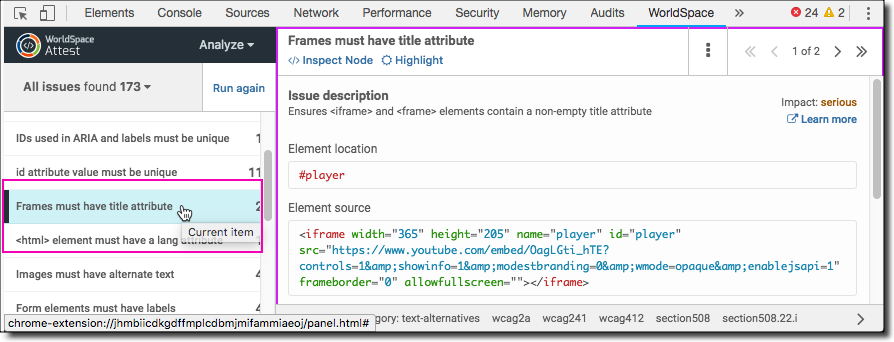 Clicking a rule row in the RESULTS index section in the left pane