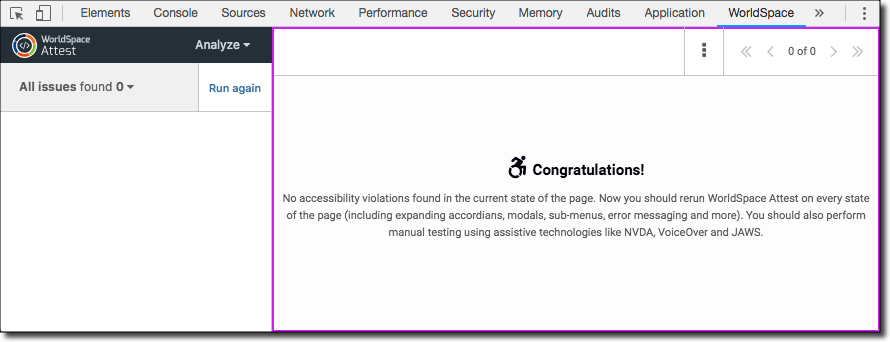 Congratulatory message appearing in content pane when no violations were found