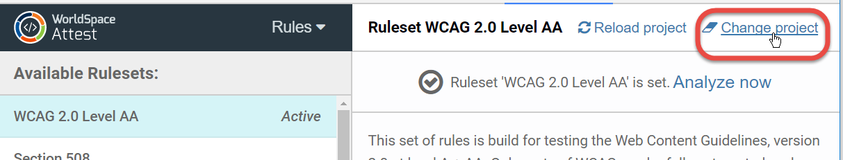 Clicking the Change Project link on the Rules panel