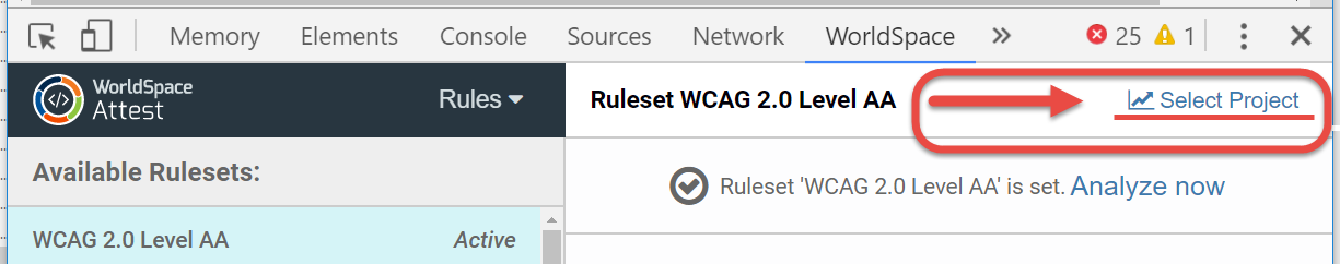 Clicking the Select project link at the top, right of the Rules panel