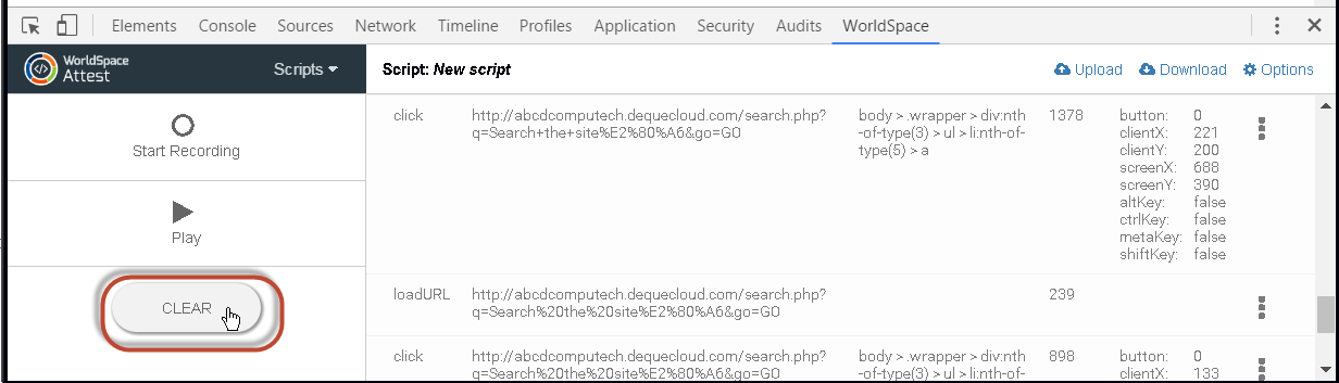 Clicking the Clear button on the Scripting tab toolbar