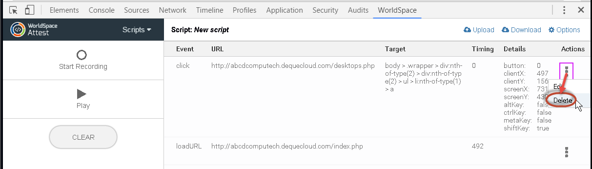 Clicking the Delete link item on the Actions column context menu within an event row