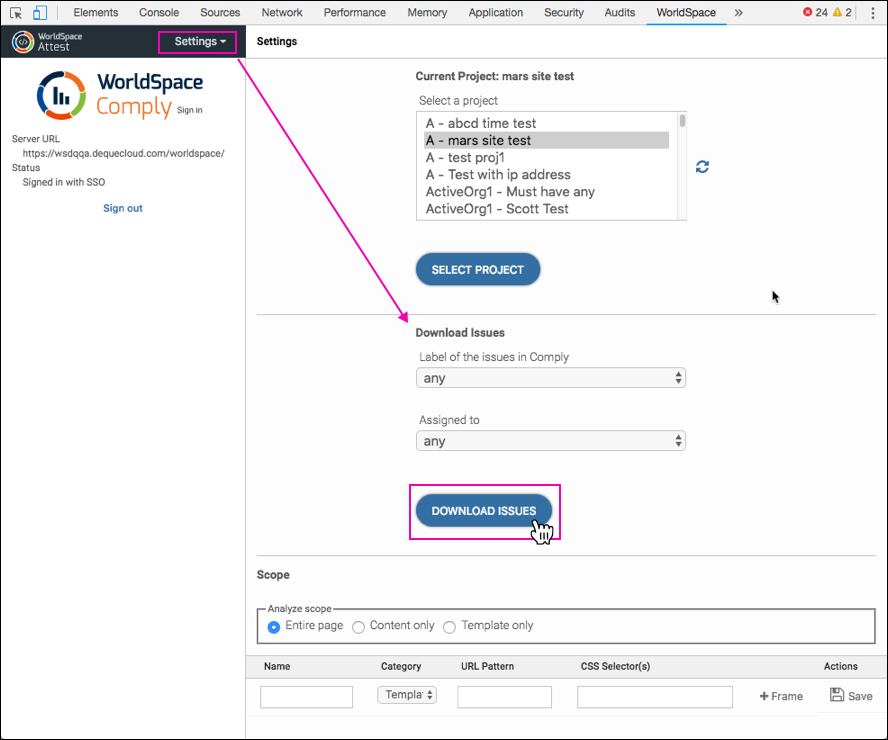 Selecting a Label and Assigned To menu items, then clicking the DOWNLOAD ISSUES button from the Settings panel after signing in to Comply