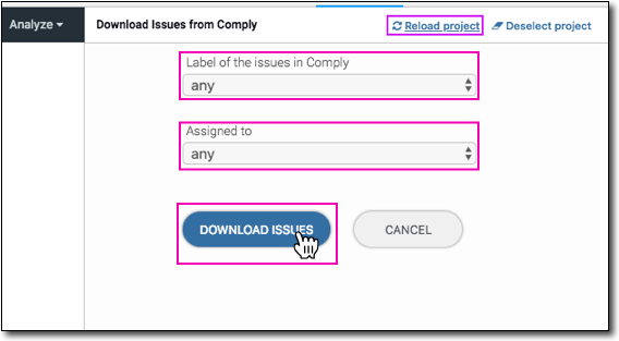 Clicking down arrow on Label and Assigned To fields to select menu items, then click DOWNLOAD ISSUES button