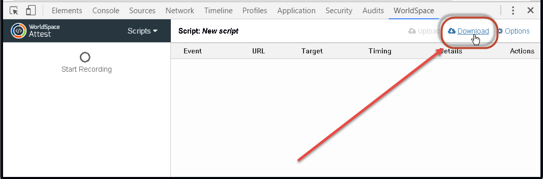 Clicking the Download button on the Scripting tab toolbar
