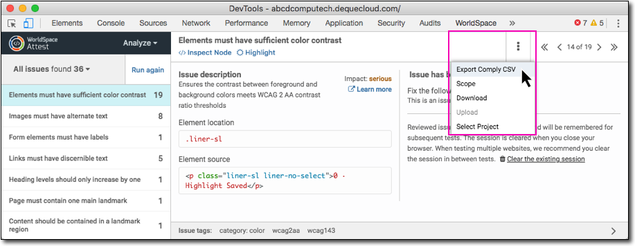 Clicking Export link on the Analyze context menu with results displayed