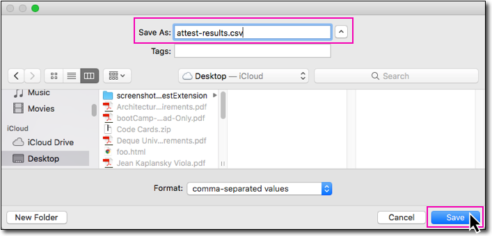 Selecting a folder, entering a File name, clicking the Save button in Save CSV File dialog box