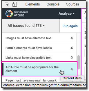 Clicking a rule from the RESULTS section after analyzing to display a violation in right pane