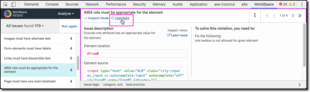 Clicking the Highlight link in the violation content pane of the Analyze tab
