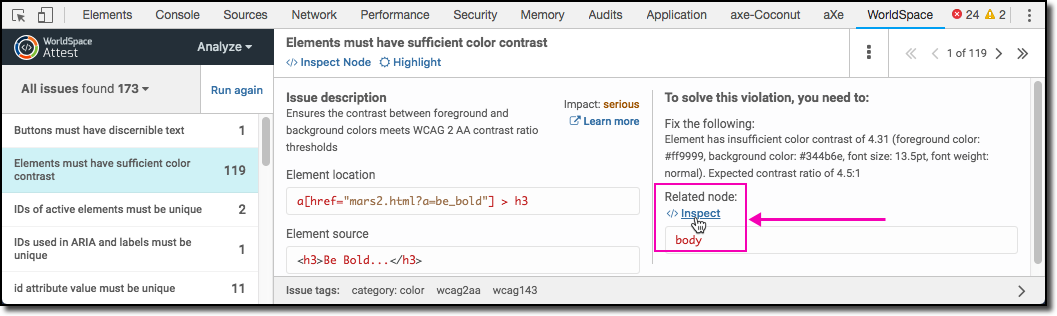 Clicking the Inspect button in the violation content pane of the Analysis tab
