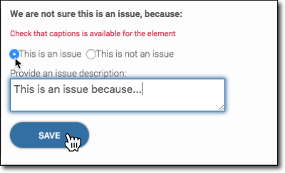 entering an issue description and clicking the SAVE button on the right results pane of the Analyze panel
