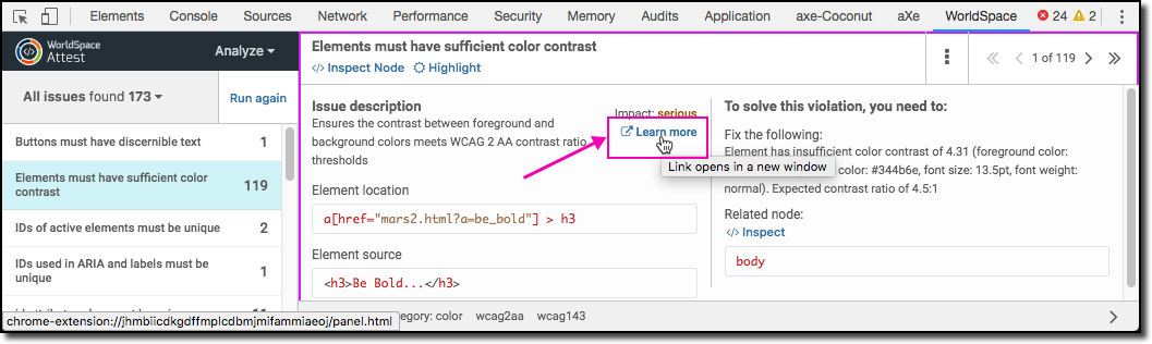 Clicking the (More Info) link from right Rule violation content pane of the Analyze panel