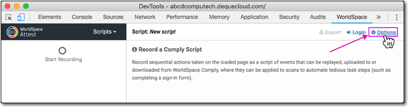 Clicking the Options link at the top, right of the Scripts panel