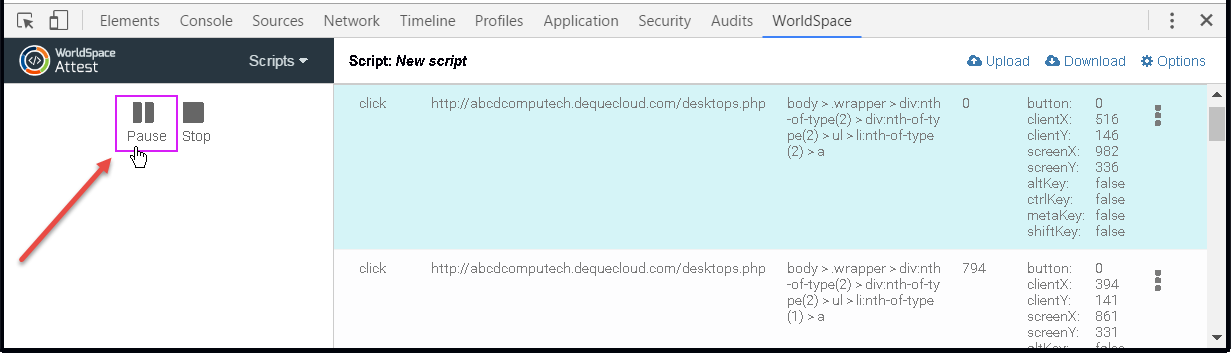 Clicking the Pause button on the Scripts panel