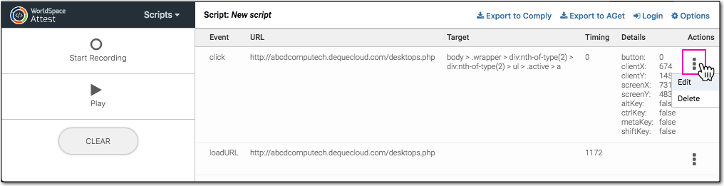 The Scripts panel table displays event rows with populated columns of information in the content pane, including Actions column menus with Edit and Delete options