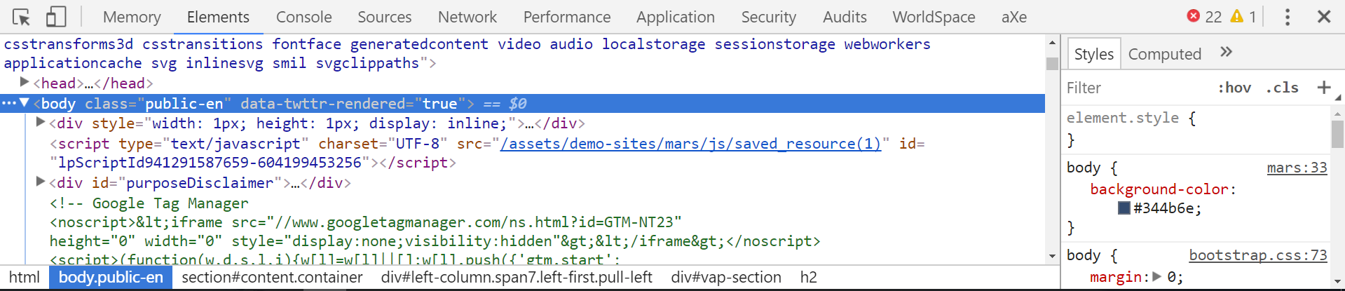 example of the Elements tab displaying the source code of the related node