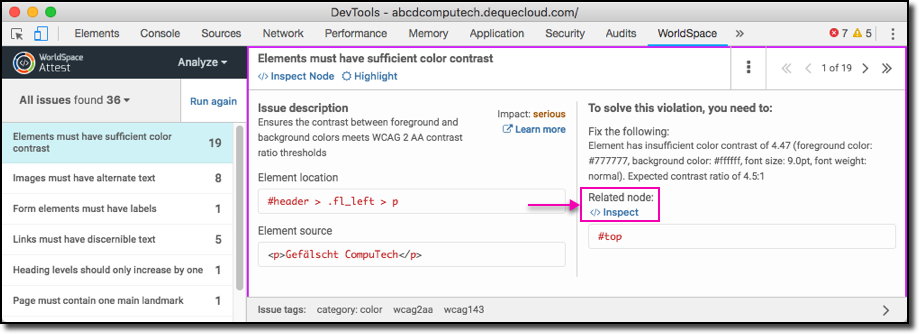 clicking the Inspect link in the Related node section of the right pane of a rule violation on the Analyze panel