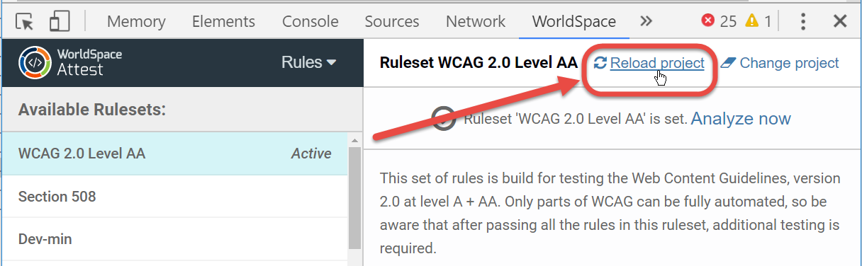 Clicking the Reload project link at the top, right of the Rules panel