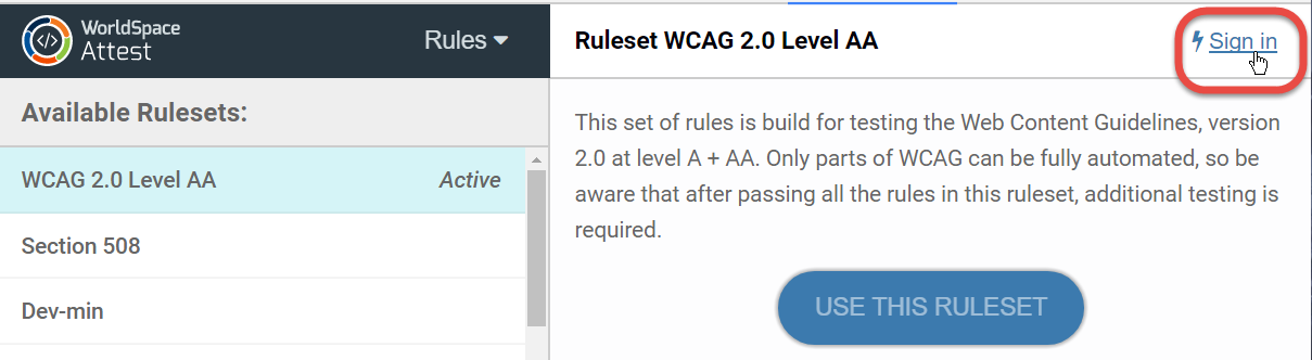 Clicking the Sign in link at the top, right of the right Rules panel pane