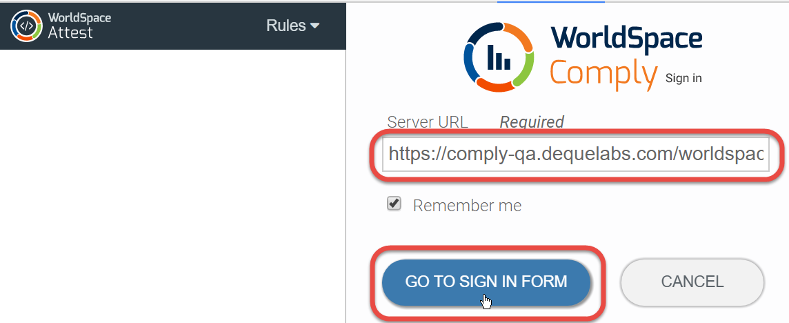 Entering the Server URL and clicking the GO TO SIGN IN FORM button