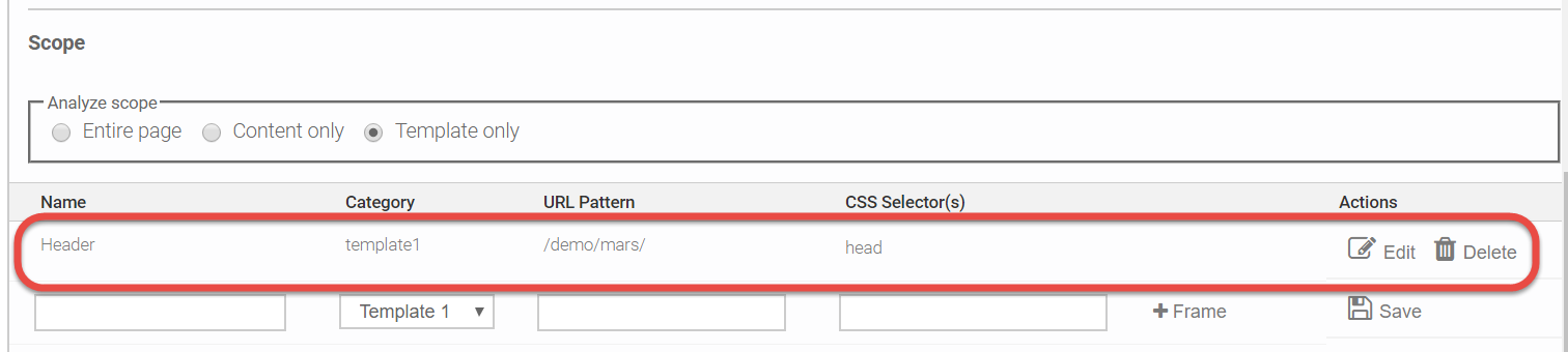 Example of the Scope Definition table populated showing the previously entered and added information in the Name, Category, URL pattern, and XPath columns along with an Edit and Delete button in the Actions column