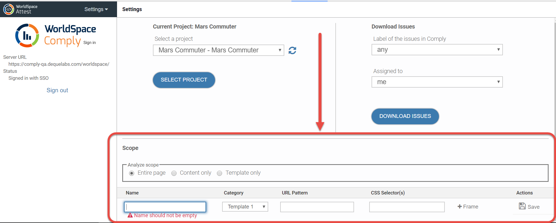the location of the Scope section at the bottom of the Settings panel appearing below the project selection and issue download sections after signing in and selecting a project