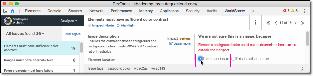 selecting an issue/non-issue radio button option on the right results pane of the Analyze panel