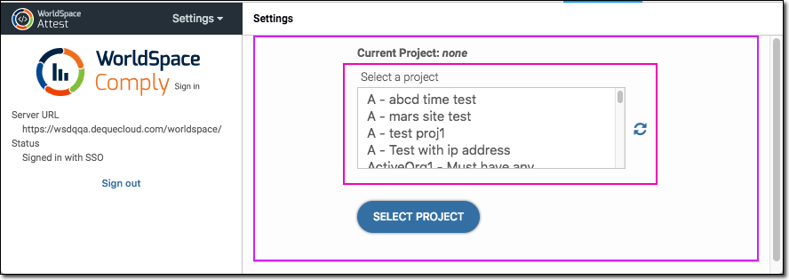 Clicking the down arrow of the Select a project dropdown menu to select from the list