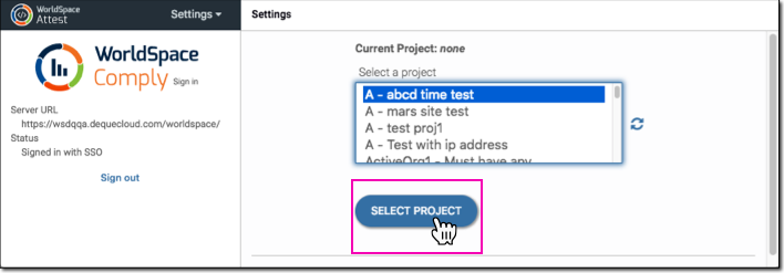 Clicking the SELECT PROJECT button