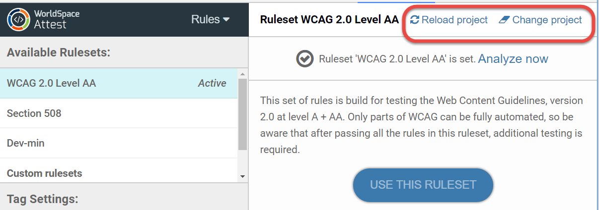 The Rules panel after a project has been selected, showing the Reload and Change project links at top, right