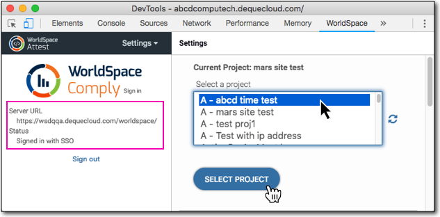 The Settings panel displaying the status of the Comply connection