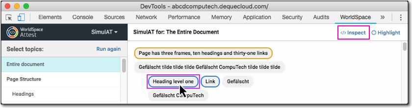 Clicking the Highlight link at top, right of results pane after element highlighted in results pane