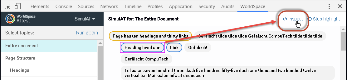 Example of clicking the Inspect link on the SimulAT toolbar while an element in the simulation results pane is selected