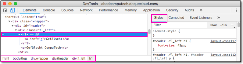 Example of highlighted h1 tag in Element DevTool and highlighted element tags in code pane at bottom, left