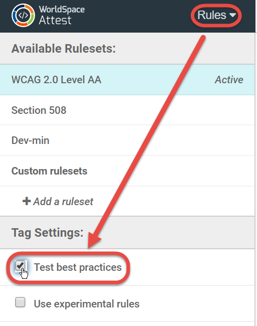 checking the Test best practices checkbox in the Tag Settings section of the left pane of the Rules panel