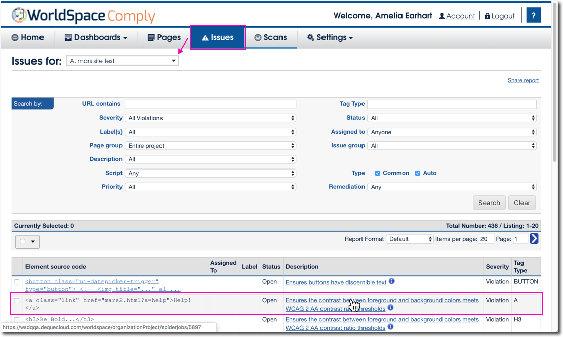 Uploaded issue example in WorldSpace Comply on Issues > Issues for project page