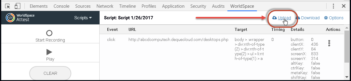 Clicking the Upload link on the Scripts panel