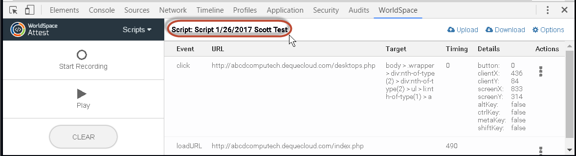 The uploaded script is now in Settings > Scripts for the selected project in WorldSpace Comply