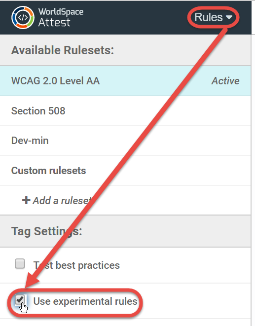 Clicking the Rules panel main menu item, then checking the Include Experimental Rules checkbox under the Tag Settings left sidebar menu section at left