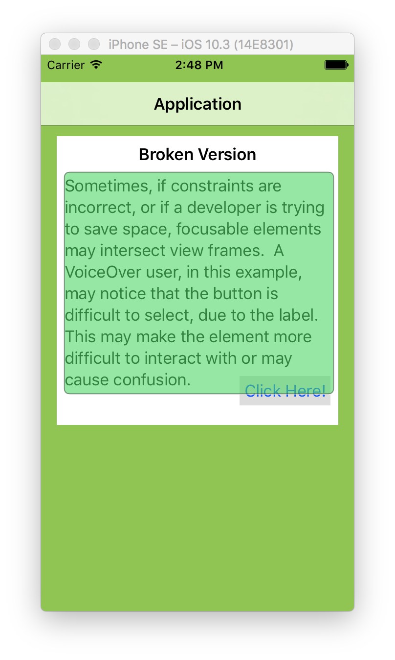 example showing the Click Here! button overlapped with the bottom border of the text box above it