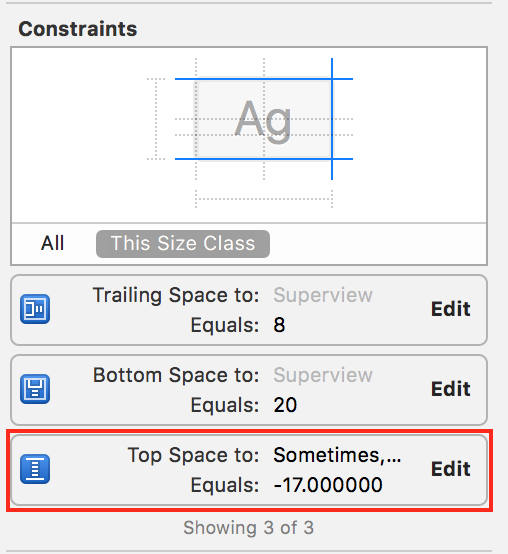 example of the Constraints for the button depicting a negative numeric value