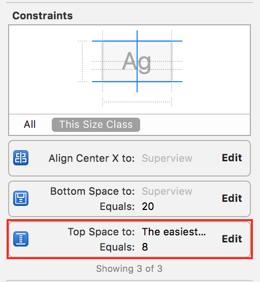 example of the Constraints for the button showing a positive Equals value