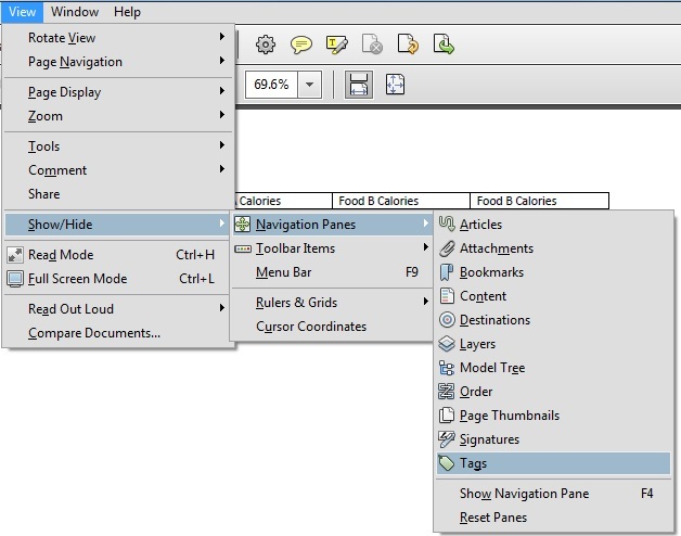 Table in Adobe Acrobat Pro showing the Tags tab opened to display the table tags. All table cells are marked TD.