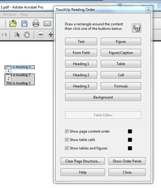 Heading selected with the TouchUp Reading Order dialog open