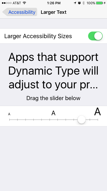 Screenshot of the larger text option in the accessibility settings, with the slider a large font size