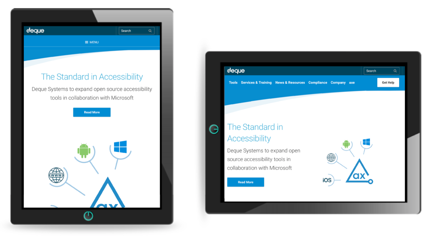 Two tablets display images of the same website, one in portrait view and one in landscape view. The website adjusted its layout for each orientation.